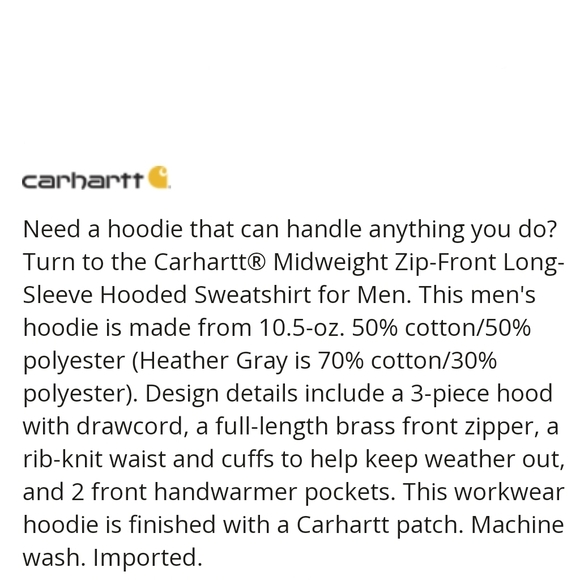 NWT Carhartt NAVY BLUE Midweight Zip-Front Long-Sleeve Hooded Sweatshirt - Picture 4 of 5